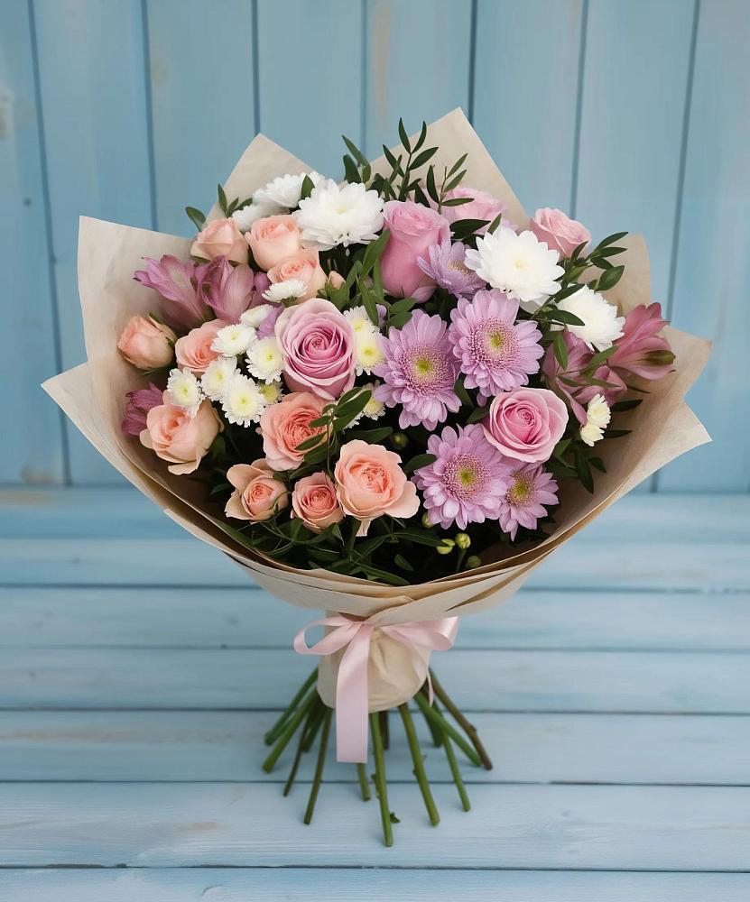 Букет цветов из: Хризантемы, Розы и Альстромерии в Эвенске