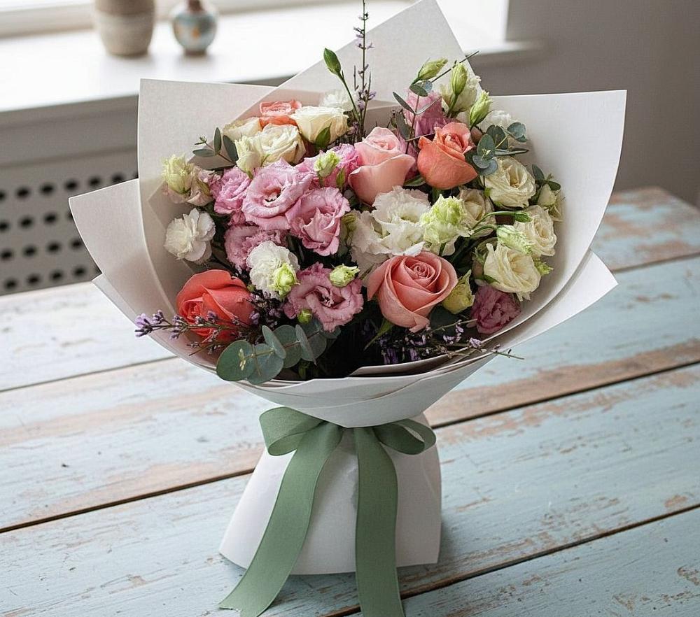 Букет цветов из: Розы, Лизиантусы и Гвоздики в Эвенске