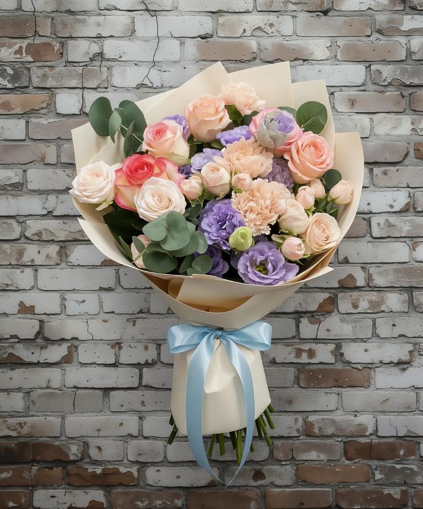 Букет цветов из: Розы, Лизиантусы и Гвоздики в Эвенске